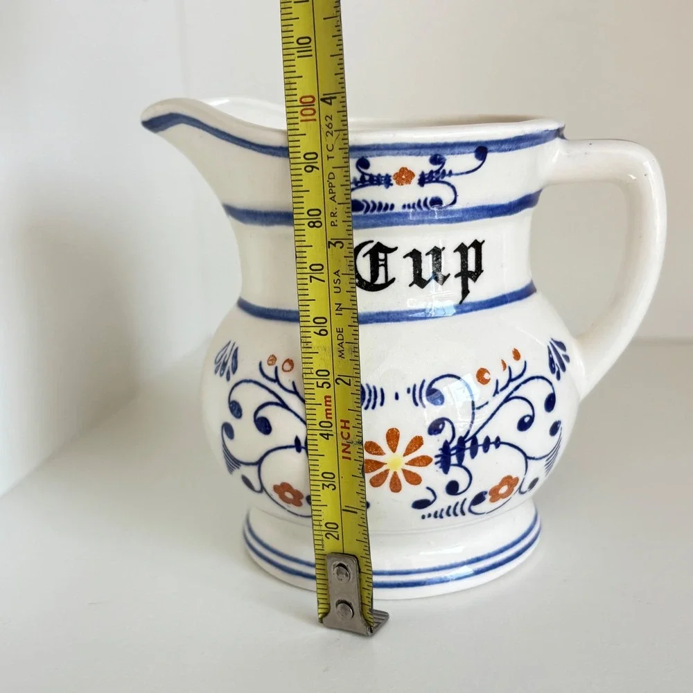 Vintage Ceramic Measuring Cup Pitcher Set 4 Blue White Farmhouse Kitchen Decor